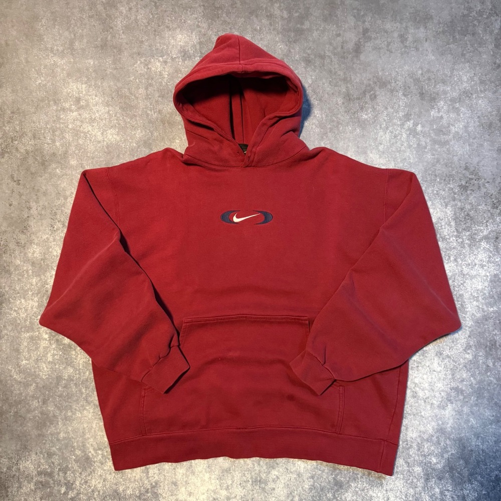 Vintage Nike Red Center Swoosh Hoodie Embroidered XXL Mens Sweatshirt‎ Y2K